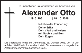 Traueranzeige von Alexander Otto von Ansbach