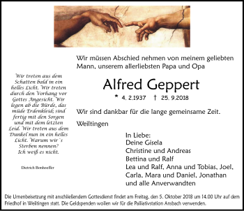 Traueranzeige von Alfred Geppert von Dinkelsbuhl/ Feuchtwangen