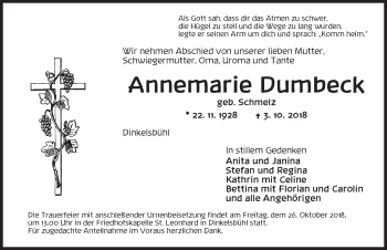 Traueranzeige von Annemarie Dumbeck von Dinkelsbuhl/ Feuchtwangen