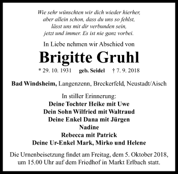 Traueranzeige von Brigitte Gruhl von Neustadt/ Scheinfeld/ Uffenheim