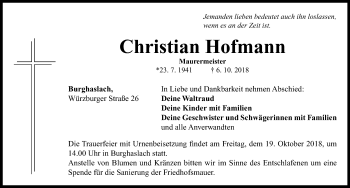 Traueranzeige von Christian Hofmann von Neustadt/ Scheinfeld/ Uffenheim