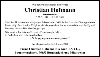 Traueranzeige von Christian Hofmann von Neustadt/ Scheinfeld/ Uffenheim