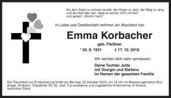 Traueranzeige von Emma Korbacher von Ansbach