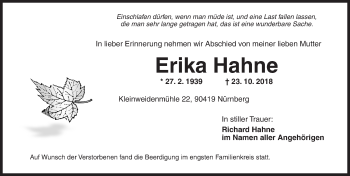 Traueranzeige von Erika Hahne von Ansbach