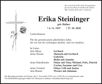 Traueranzeige von Erika Steininger von Ansbach