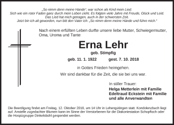 Traueranzeige von Erna Lehr von Dinkelsbuhl/ Feuchtwangen