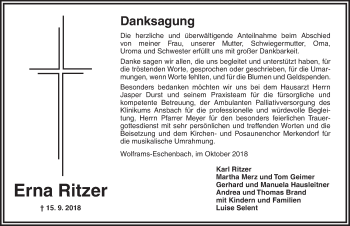 Traueranzeige von Erna Ritzer von Ansbach