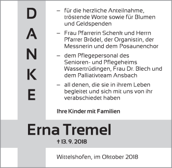 Traueranzeige von Erna Tremel von Dinkelsbuhl/ Feuchtwangen