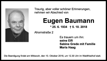 Traueranzeige von Eugen Baumann von Ansbach