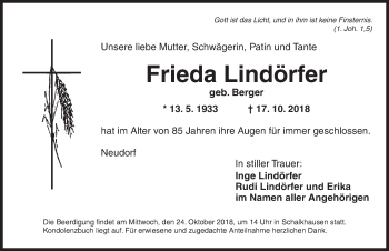 Traueranzeige von Frieda Lindörfer von Ansbach