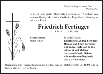 Traueranzeige von Friedrich Fertinger von Neustadt/ Scheinfeld/ Uffenheim