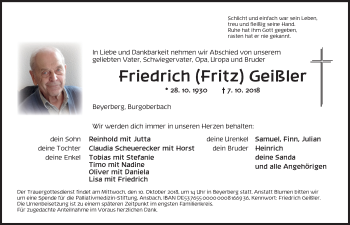 Traueranzeige von Friedrich Geißler von Dinkelsbühl/ Feuchtwangen