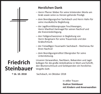 Traueranzeige von Friedrich Steinbauer von Dinkelsbuhl/ Feuchtwangen