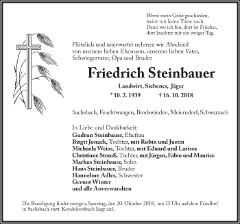 Traueranzeige von Friedrich Steinbauer von Dinkelsbuhl/ Feuchtwangen