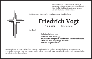Traueranzeige von Friedrich Vogt von Ansbach