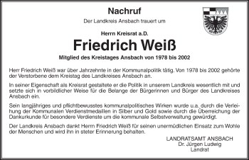 Traueranzeige von Friedrich Weiß von Gesamtausgabe