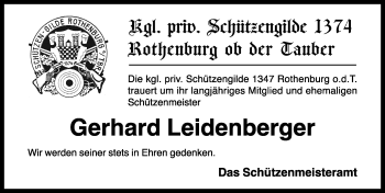 Traueranzeige von Gerhard Leidenberger von Rothenburg