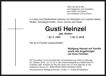 Traueranzeige von Gusti Heinzel von Ansbach