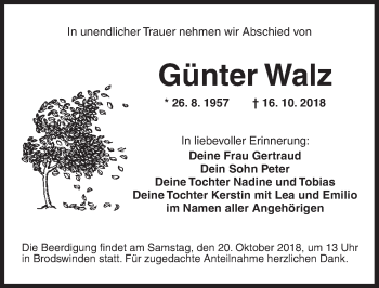 Traueranzeige von Günter Walz von Ansbach