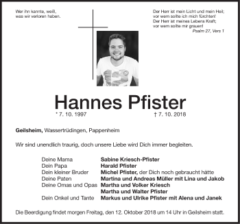 Traueranzeige von Hannes Pfister von Dinkelsbuhl/ Feuchtwangen