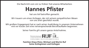 Traueranzeige von Hannes Pfister von Dinkelsbuhl/ Feuchtwangen