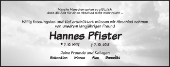 Traueranzeige von Hannes Pfister von Dinkelsbuhl/ Feuchtwangen