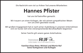 Traueranzeige von Hannes Pfister von Ansbach