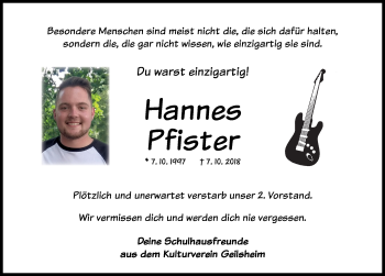 Traueranzeige von Hannes Pfister von Dinkelsbuhl/ Feuchtwangen