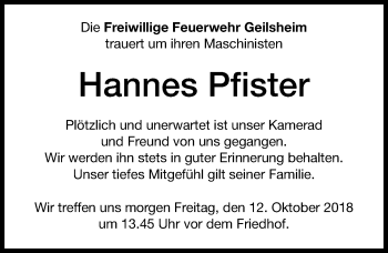 Traueranzeige von Hannes Pfister von Dinkelsbuhl/ Feuchtwangen