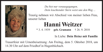 Traueranzeige von Hanni Weitzer von Neustadt/ Scheinfeld/ Uffenheim