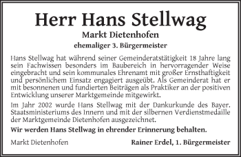 Traueranzeige von Hans Stellwag von Ansbach