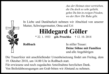 Traueranzeige von Hildegard Göller von Neustadt/ Scheinfeld/ Uffenheim