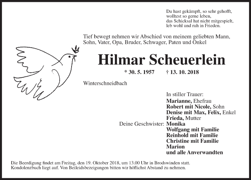  Traueranzeige für Hilmar Scheuerlein vom 17.10.2018 aus Ansbach