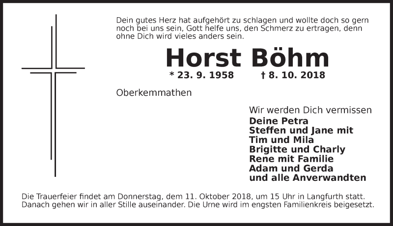  Traueranzeige für Horst Böhm vom 10.10.2018 aus Dinkelsbuhl/ Feuchtwangen