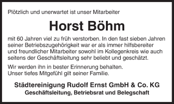 Traueranzeige von Horst Böhm von Dinkelsbuhl/ Feuchtwangen