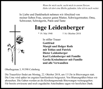 Traueranzeige von Inge Leidenberger von Ansbach