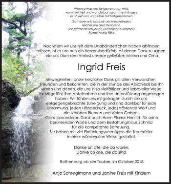 Traueranzeige von Ingrid Freis von Rothenburg