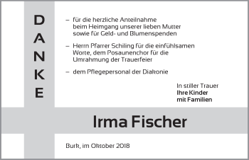 Traueranzeige von Irma Fischer von Dinkelsbühl/ Feuchtwangen