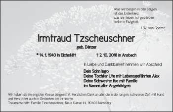 Traueranzeige von Irmtraud Tzscheuschner von Ansbach