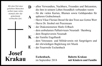 Traueranzeige von Josef Krakau von Neustadt/ Scheinfeld/ Uffenheim