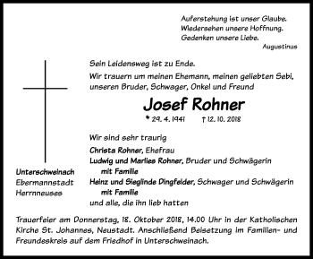 Traueranzeige von Josef Rohner von Neustadt/ Scheinfeld/ Uffenheim