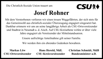 Traueranzeige von Joseph Rohner von Neustadt/ Scheinfeld/ Uffenheim