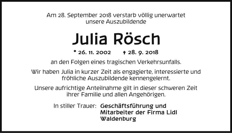  Traueranzeige für Julia Rösch vom 06.10.2018 aus Rothenburg