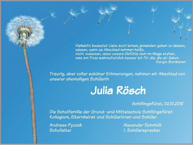  Traueranzeige für Julia Rösch vom 05.10.2018 aus Rothenburg