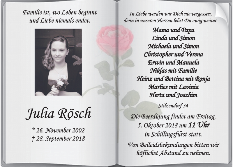  Traueranzeige für Julia Rösch vom 02.10.2018 aus Rothenburg