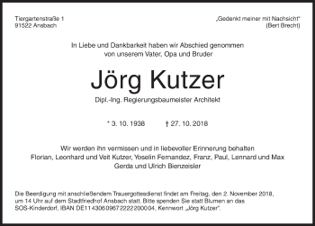 Traueranzeige von Jörg Kutzer von Neustadt/ Scheinfeld/ Uffenheim
