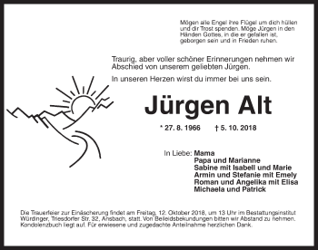 Traueranzeige von Jürgen Alt von Ansbach