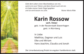 Traueranzeige von Karin Rossow von Neustadt/ Scheinfeld/ Uffenheim