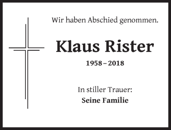 Traueranzeige von Klaus Rister von Dinkelsbuhl/ Feuchtwangen
