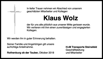 Traueranzeige von Klaus Wolz von Rothenburg
